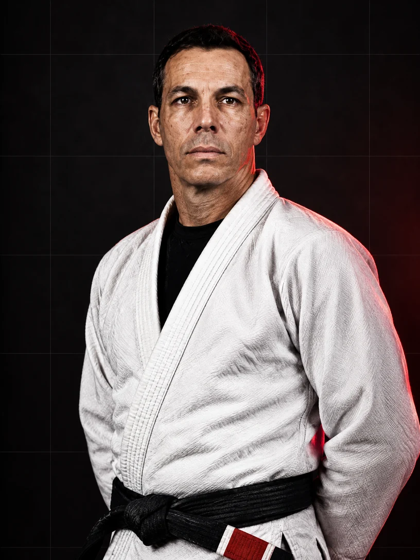 Editorial portrait of Carlos Gracie Junior in Brazilian Jiu-Jitsu attire
