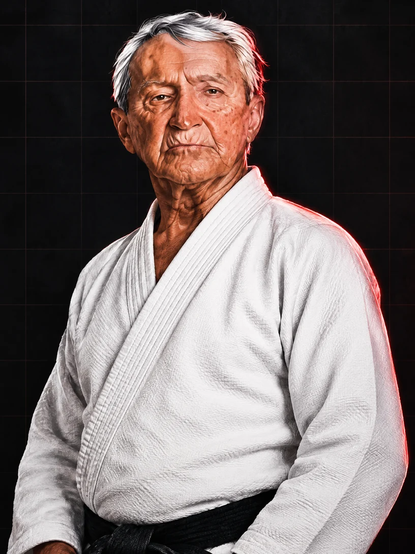 Editorial portrait of Carlos Gracie Sr. in a white jiu-jitsu gi