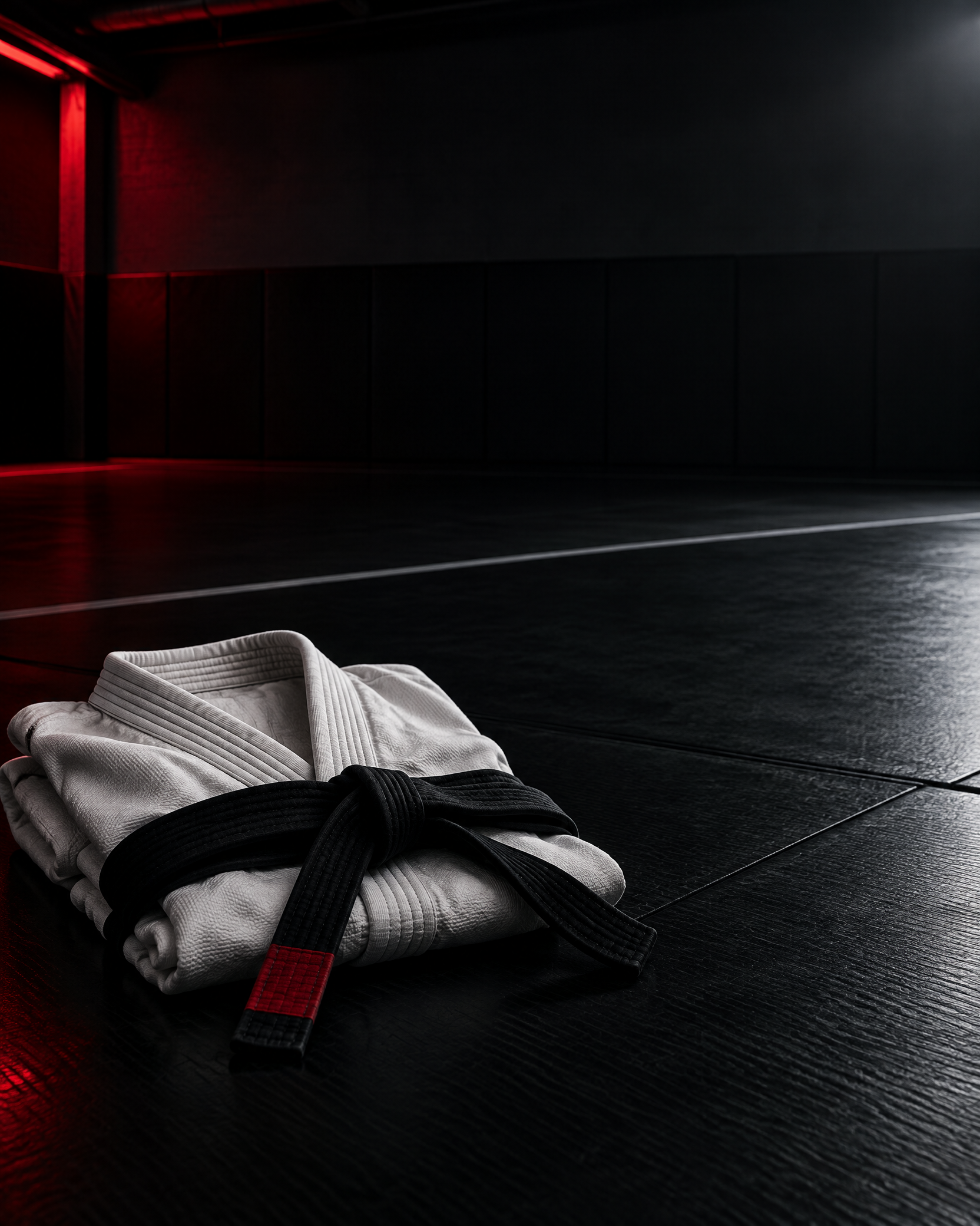 Empty grappling room with a folded gi and black belt on black mats, representing a future competitor profile