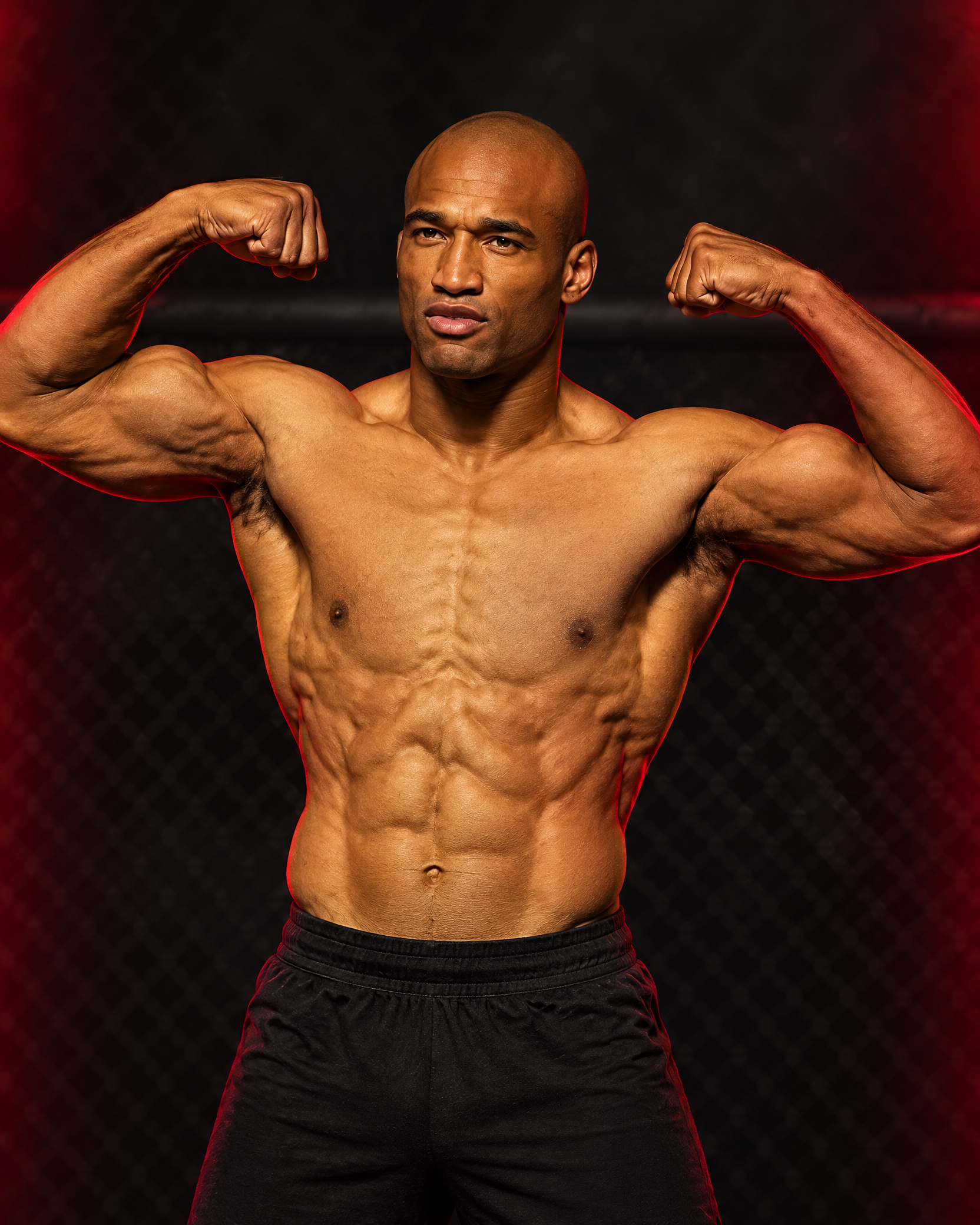 Standardized editorial portrait of Brian Gassaway flexing against a dark gym background