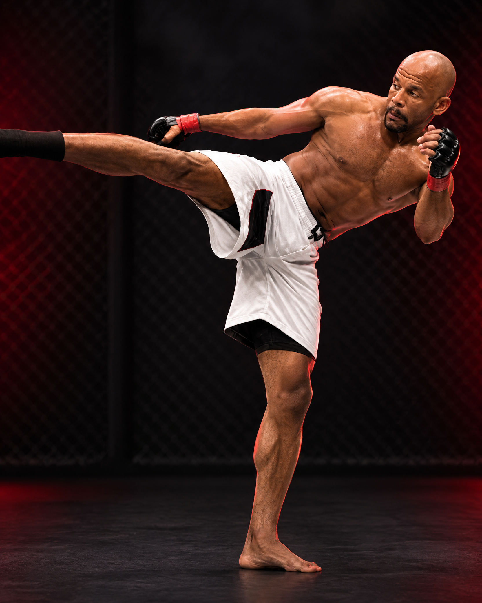 Standardized editorial action portrait of Shonie Carter throwing a high kick against a dark gym background