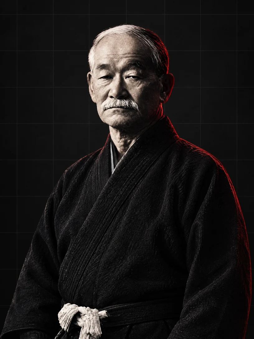 Editorial portrait of Jigoro Kano in a dark judo kimono