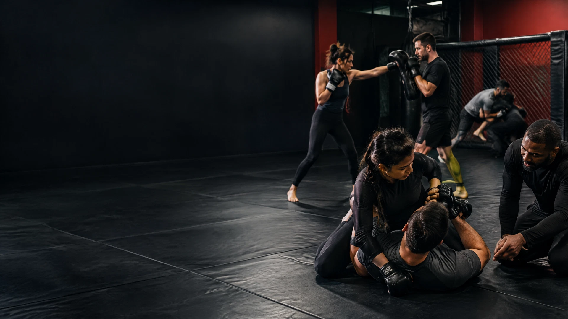 Coaches guiding adult students through controlled MMA training in a gym