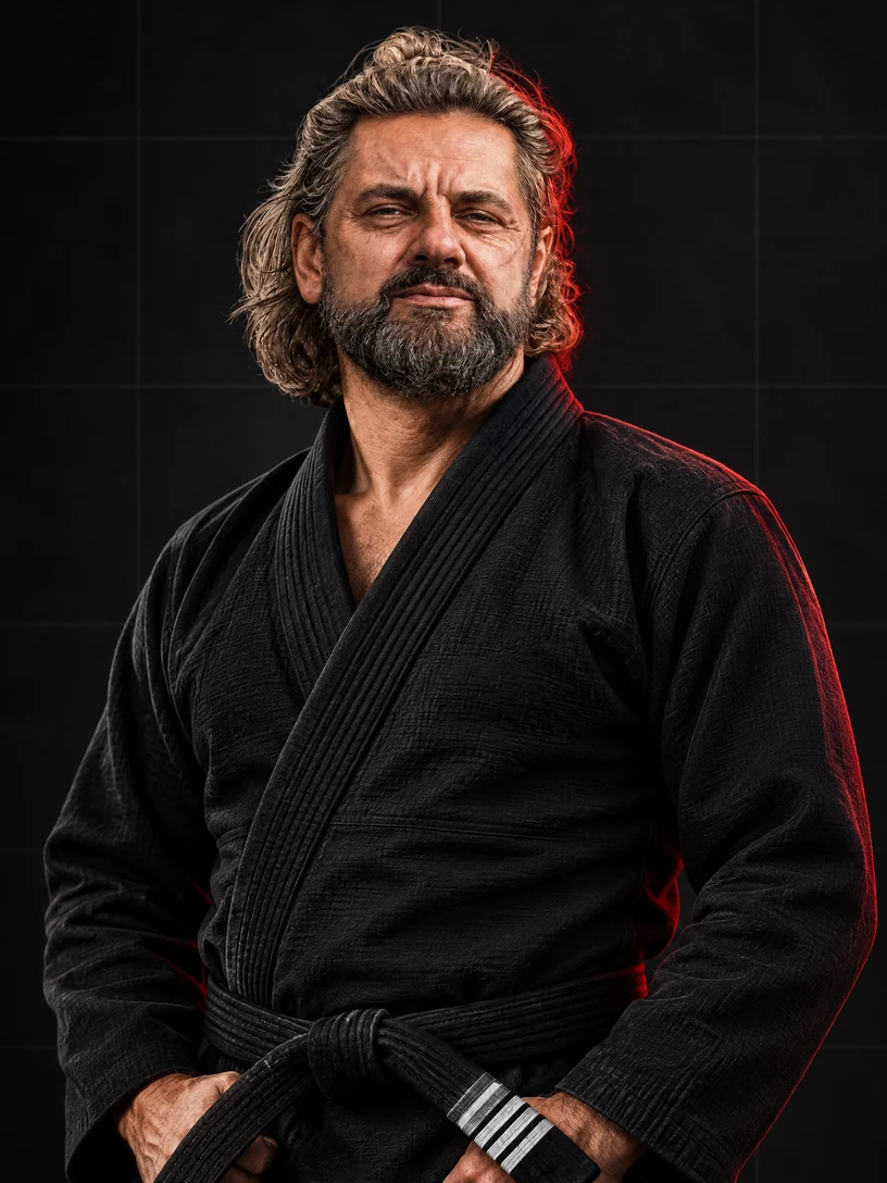 Editorial portrait of Misho Ceko in a black Brazilian Jiu-Jitsu gi