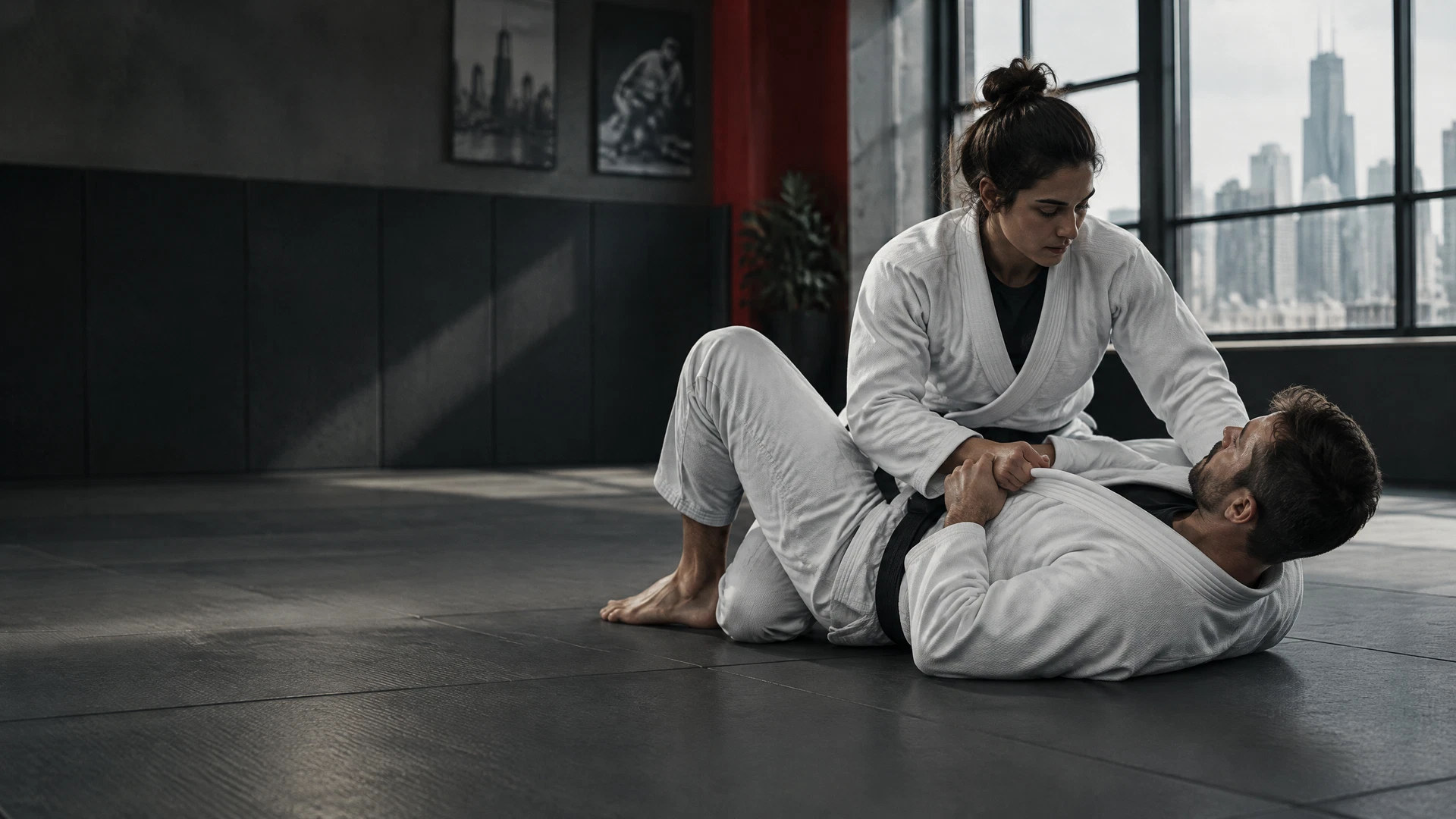 Two Brazilian Jiu-Jitsu students practicing a controlled technical ground drill