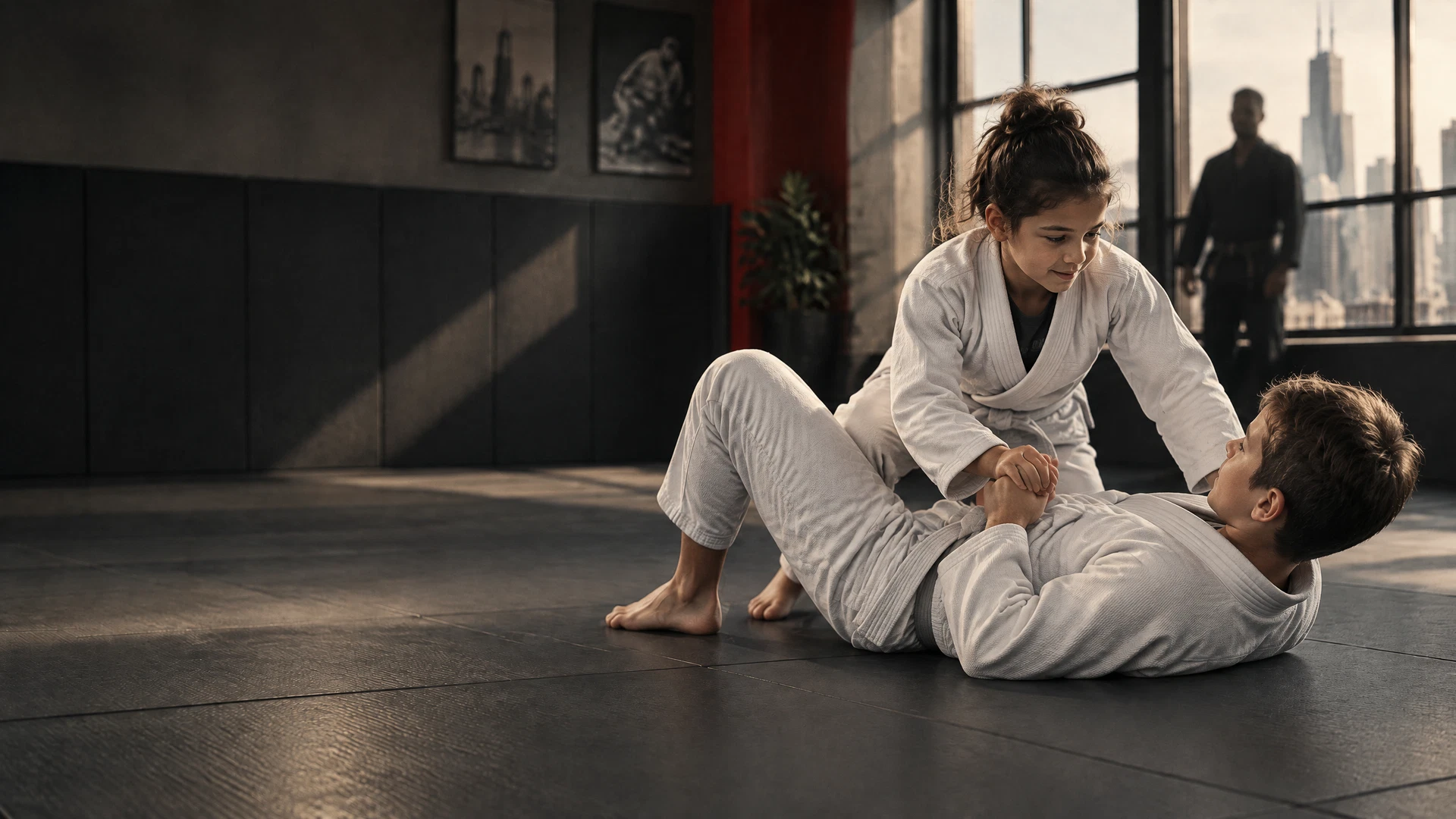 Children practicing a coach-supervised Brazilian Jiu-Jitsu movement drill