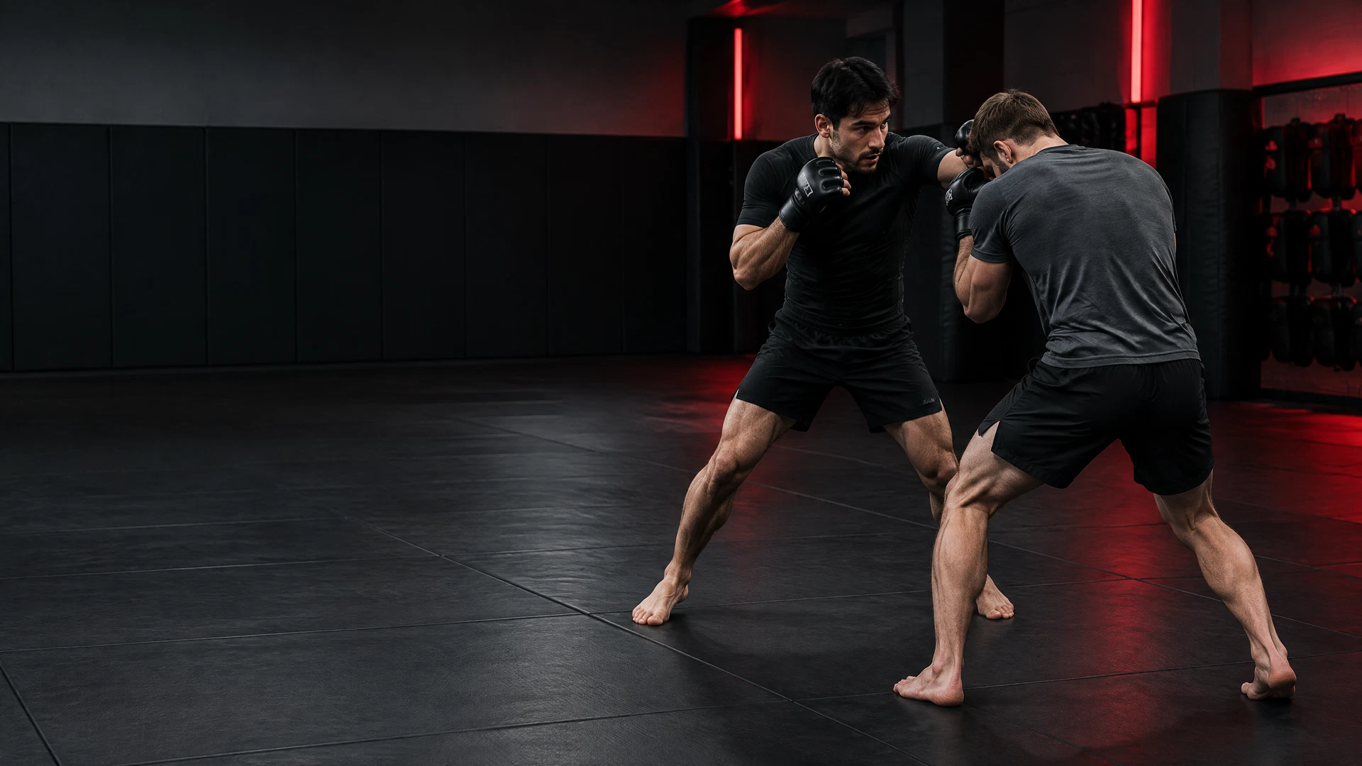MMA students practicing a controlled transition from striking distance to a clinch
