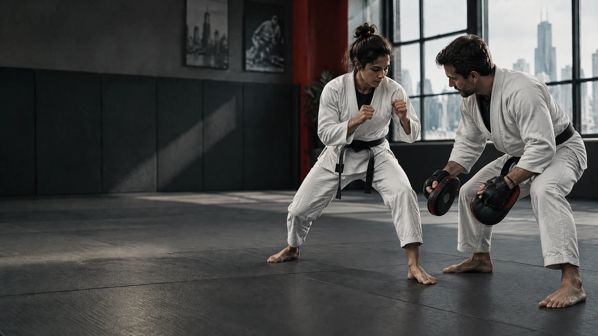 A student receiving one-on-one technical coaching during a focused martial arts drill
