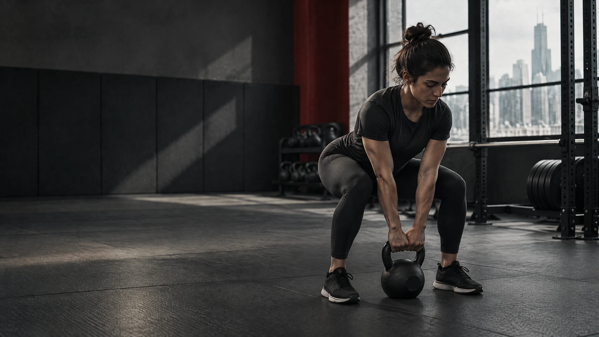 An athlete performing a controlled kettlebell exercise in a strength room