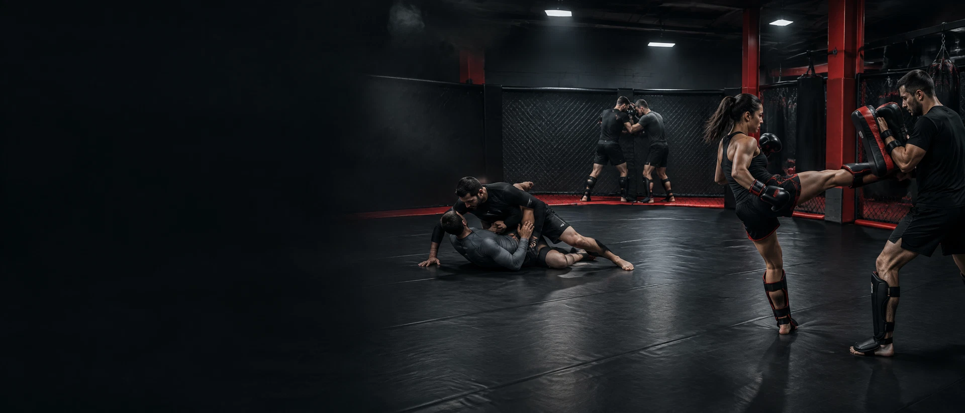 Kickboxing, grappling, and MMA athletes drilling on black mats