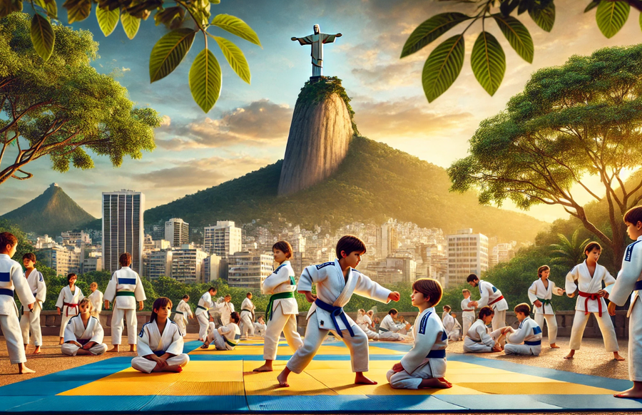 Young Brazilian Jiu-Jitsu students practicing together on colorful mats in an outdoor setting
