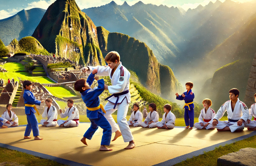 Young Brazilian Jiu-Jitsu students practicing a supervised partner drill while classmates watch
